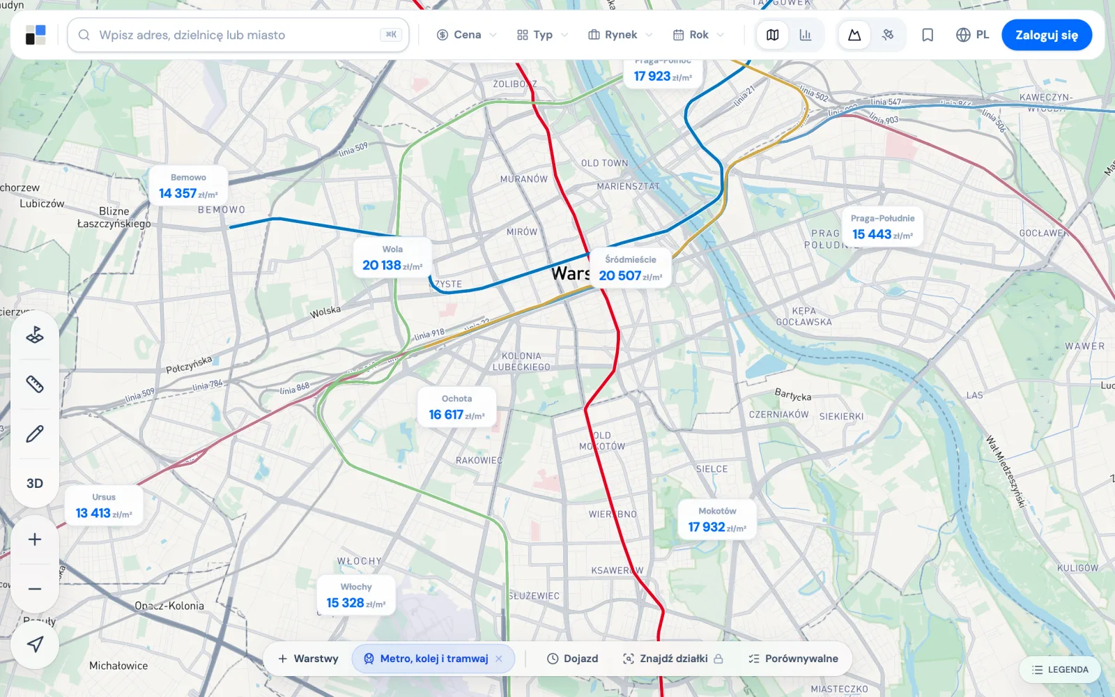 Mapa cen transakcyjnych nieruchomości w dzielnicach Warszawy