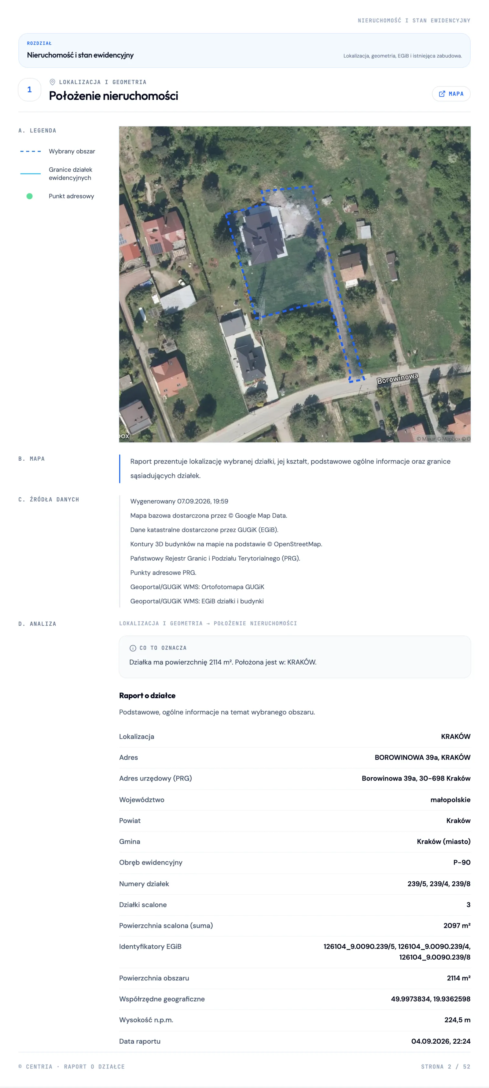 Przykładowy raport o działce: granice, adres i identyfikatory ewidencyjne