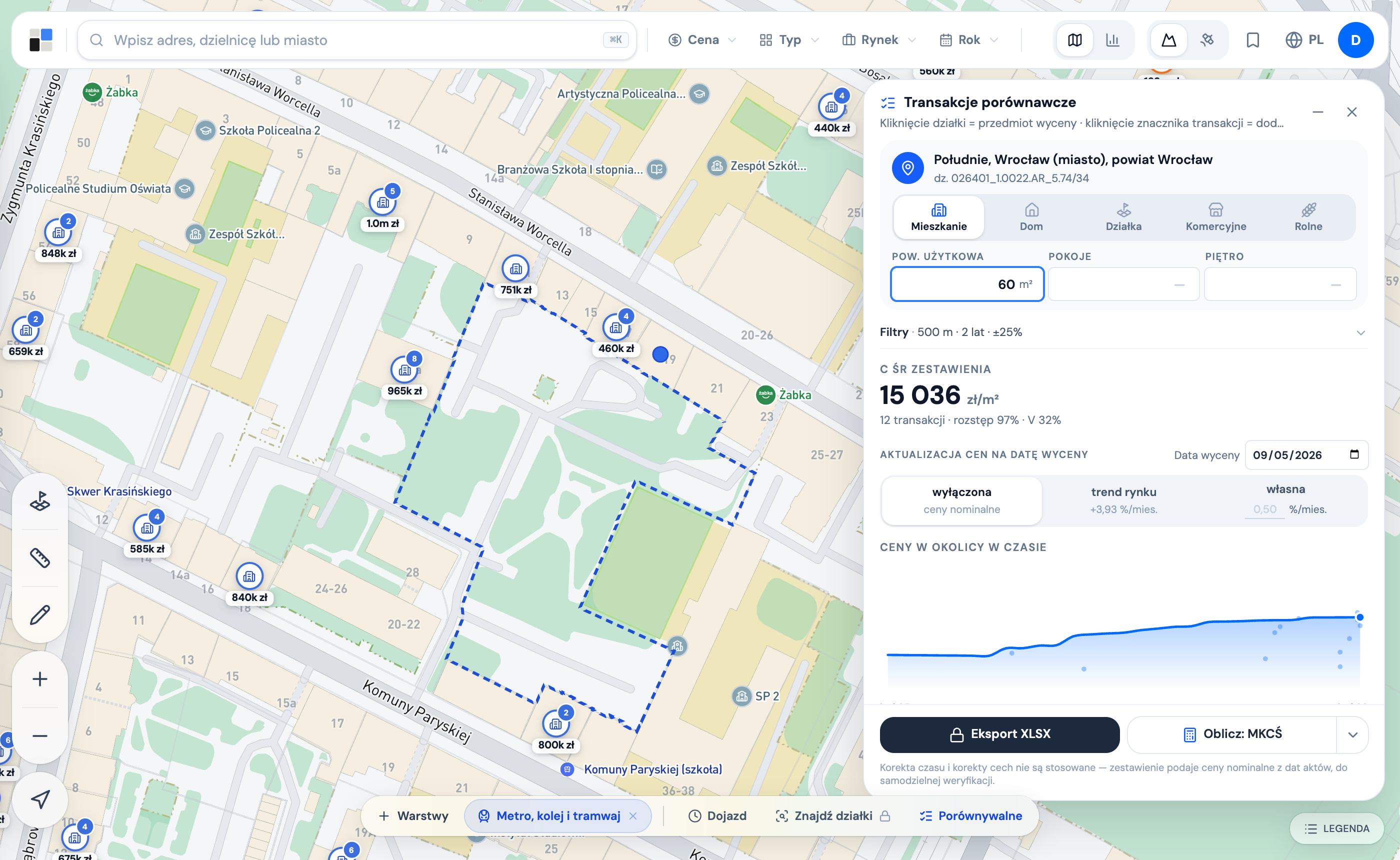 Mapa cen Wrocławia z zaznaczoną klikniętą działką i zestawieniem transakcji porównawczych po prawej stronie