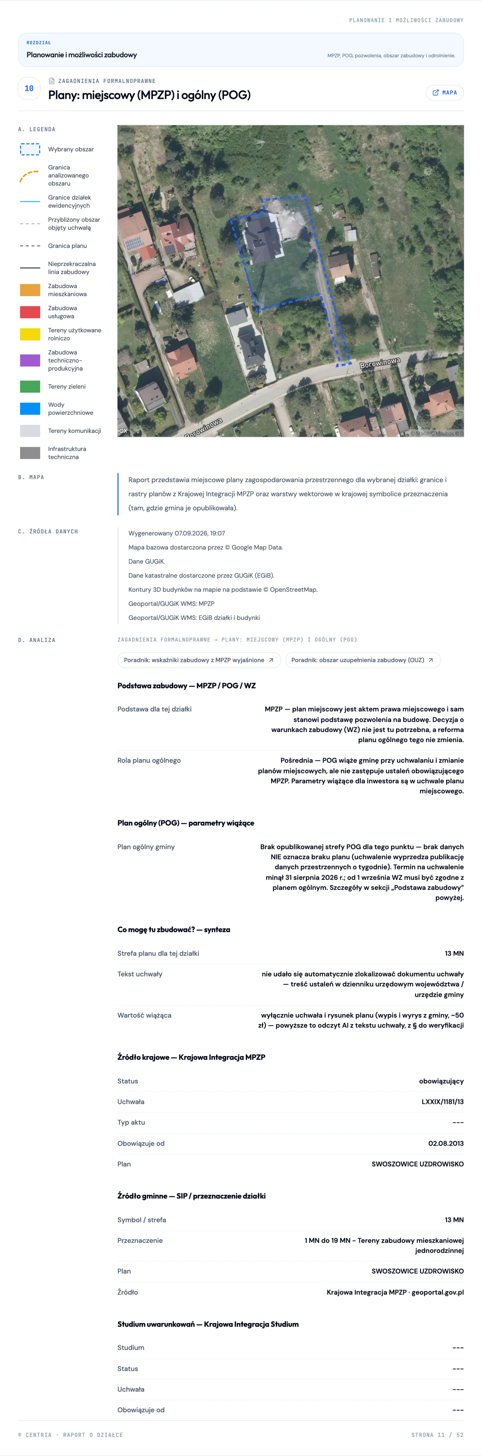 Sekcja „Plany: miejscowy (MPZP) i ogólny (POG)” w przykładowym raporcie o działce: mapa z granicą planu, podstawa zabudowy, parametry planu ogólnego i źródło krajowe