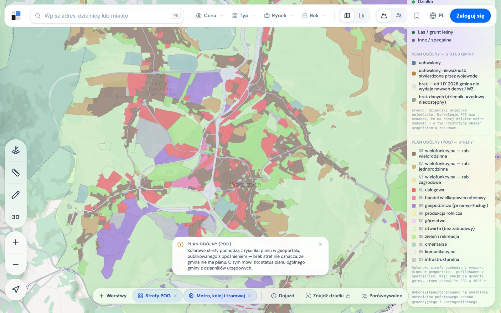 Mapa Centrii z podkładem „Strefy POG” nad Wałbrzychem: kolorowe strefy planistyczne, po prawej legenda 13 stref i status planu ogólnego gmin